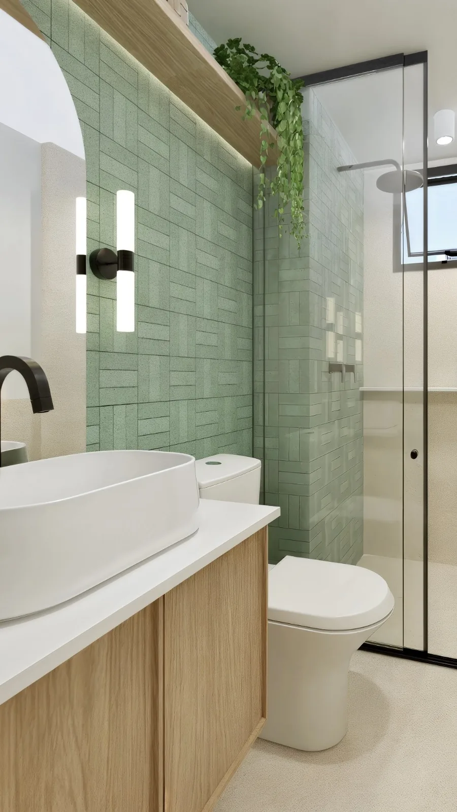 Casa de banho com azulejos verde floresta em apartamento dos anos 60 em Coimbra · Être Arquitetura