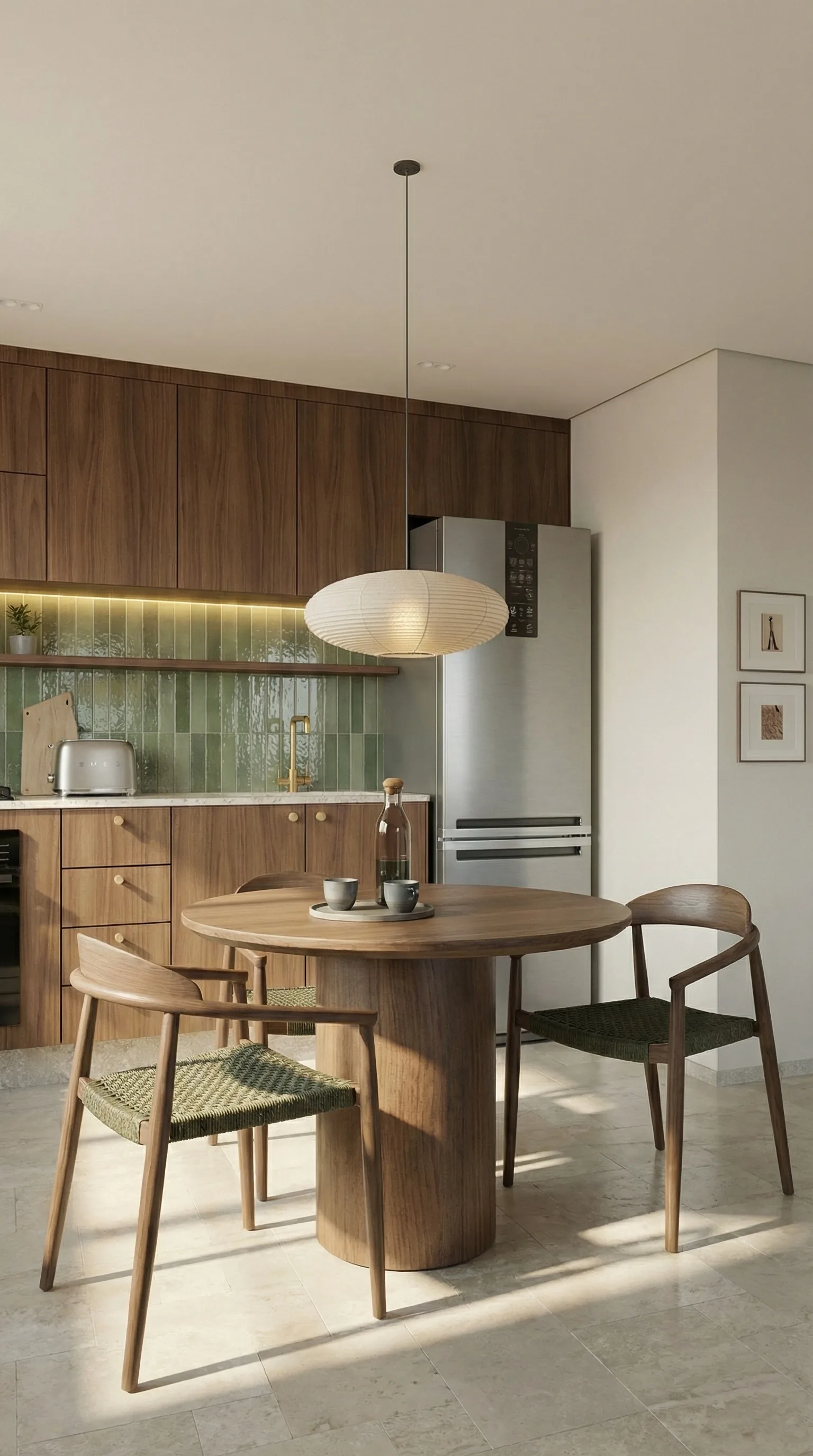 Cozinha de um projeto de interiores Être concluído em Lisboa, com bancada clara e mobiliário em madeira quente